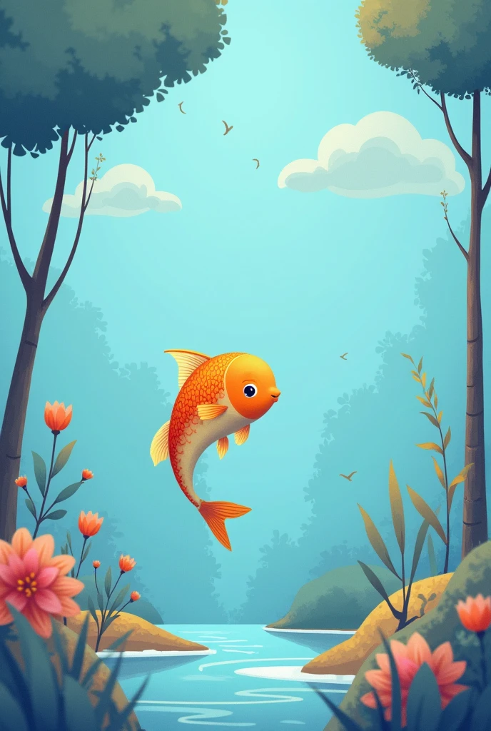 I need an image for children that has a blue landscape in the background (Heaven) and nice and simple white, In the middle it should have a fish but it should be animated or basic as such and below the name of the animal, Everything that is for children, This model you made is fine, but the fish should be bigger so that it occupies half of the screen and the name below it., I need everything to be in Spanish and please change the style of the fish to make it prettier