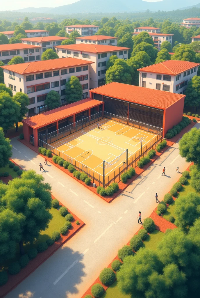 Architectural plan of a student gymnasium, with warm colors