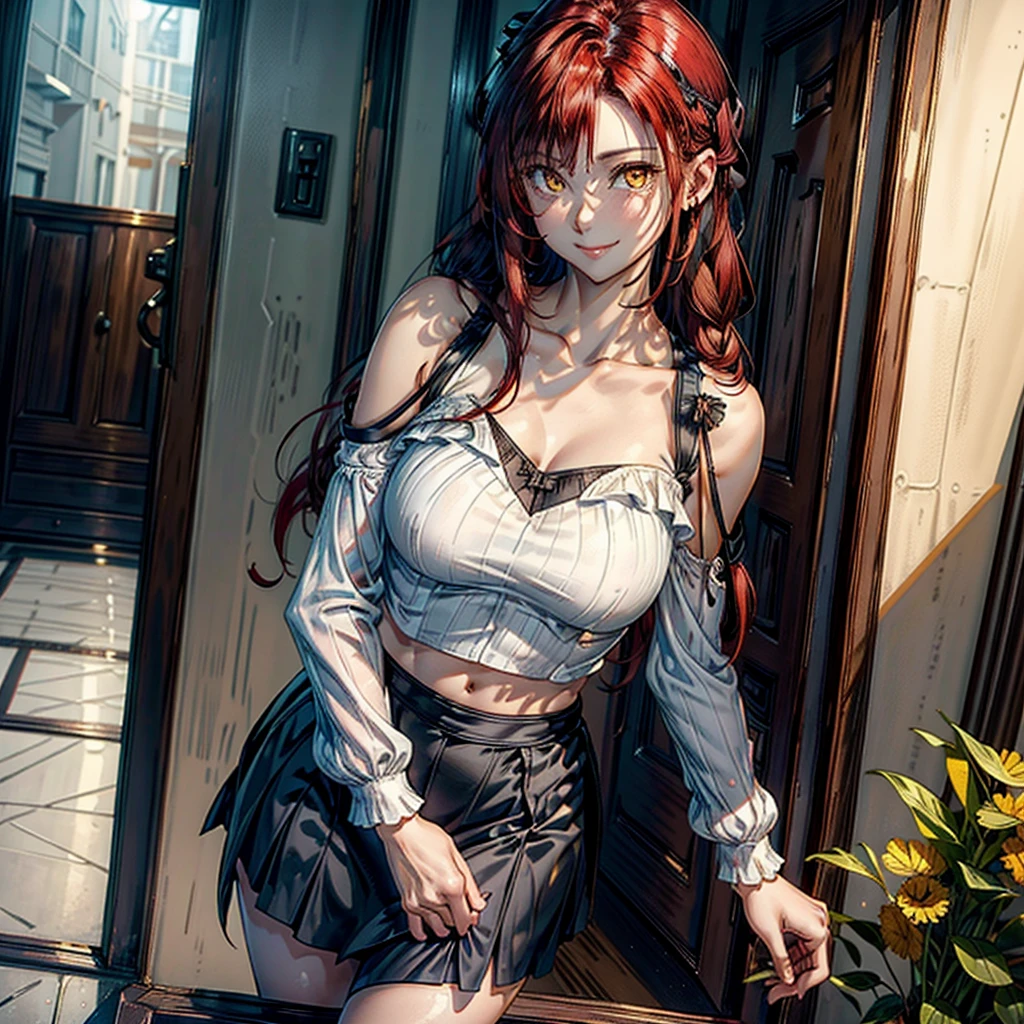 women, natural redhead, by the wide, 2 braids, Whole body, standing, short black skirt, white long sleeve off shoulder blouse,translucent blouse, yellow eyes, chest a little big, Leaning on the entrance of a door, View up, flirtatious smile, mischievous smile.