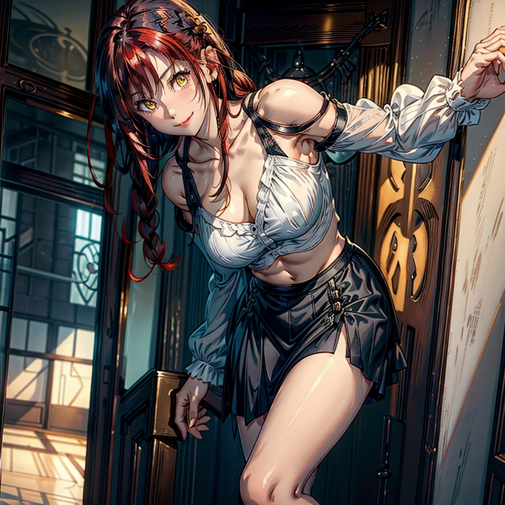 women, natural redhead, by the wide, 2 braids, Whole body, standing, short black skirt, white long sleeve off shoulder blouse,translucent blouse, yellow eyes, chest a little big, Leaning on the entrance of a door, View up, flirtatious smile, mischievous smile.