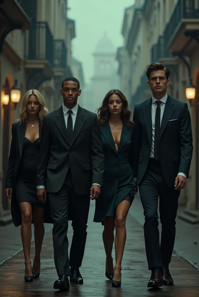 I want a picture of 4 siblings together and have veey aesthtic mafia black outfit doesnt show much skin. but they are happy and suportive of each other the pictire must show them with an attitude but should show that they have strong bond and will stick together. Their faces should not be visible as in poctire should be from backside of them all 4 walking together like a mafia team. The outfits of girls and boys should not be corporate like. Make outfits more rich and classy and mafia style and heights should be like adults and they should move separate at a distance from one another but in same direction. The background place should look more like cinematic