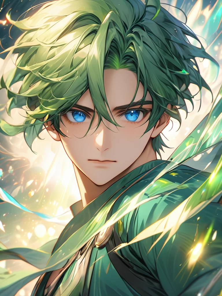 1boy, green hair, blue eyes, green outfit, fighting looks, looking at viewers, dreamy lights,face focus, very detailed, uhd, high quality, 8K