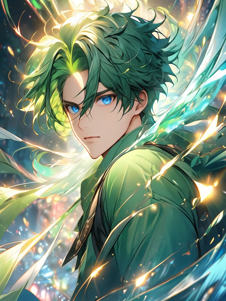 1boy, green hair, blue eyes, green outfit, fighting looks, looking at viewers, dreamy lights,face focus, very detailed, uhd, high quality, 8K