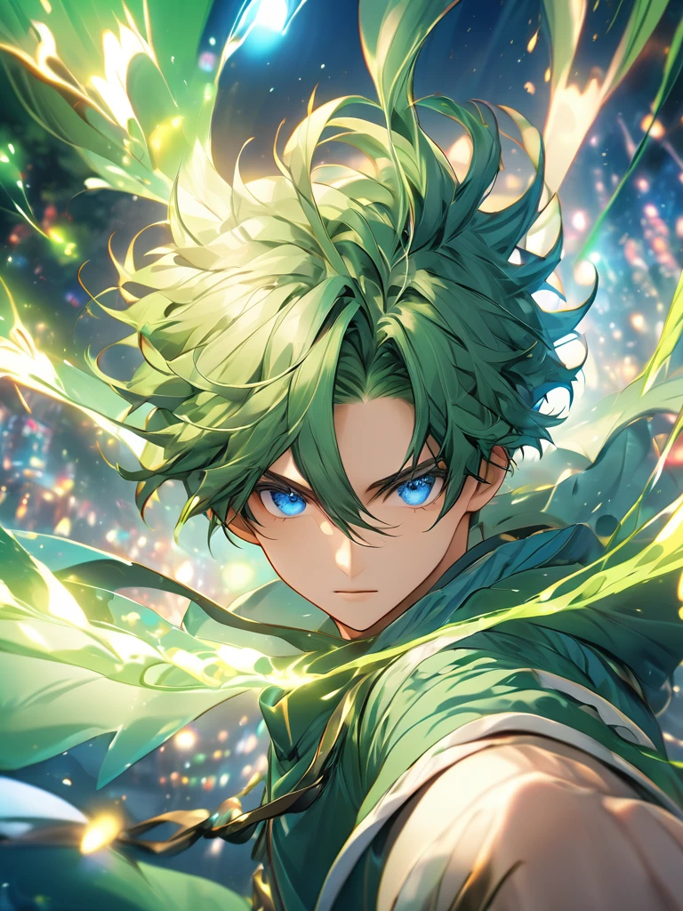 1boy, green hair, blue eyes, green outfit, fighting looks, looking at viewers, dreamy lights,face focus, very detailed, uhd, high quality, 8K