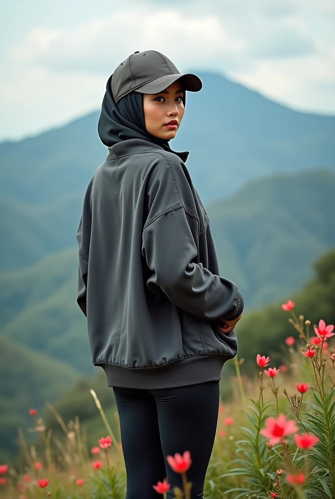 full-body portrait photograph of a young java woman hijab with polo Cap, wearing pinafore with tight-fitting clothes, hotpant with leggings, oversized_breasts.", she is hiking, beautiful_breasts. sensual body, in a unique, photoshot model, ((In front of flowers in top of mountais)), pullover, highres, 4k, HDR, 1girl, photorealistic, realistic, big booobs, turning away facial at viewer, closeup