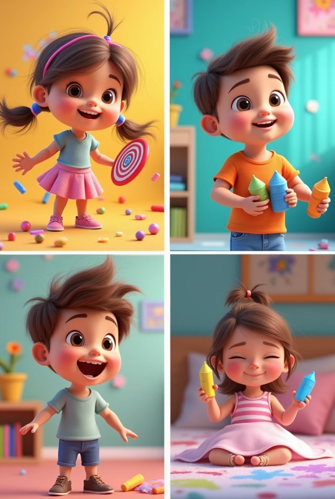 Generate four animated images: the first image is a girl playing yoyo, the second is a mother bringing couple of candy, the third is a father bringing chalk with different colors and the fourth is a kidst woke up in the bed.