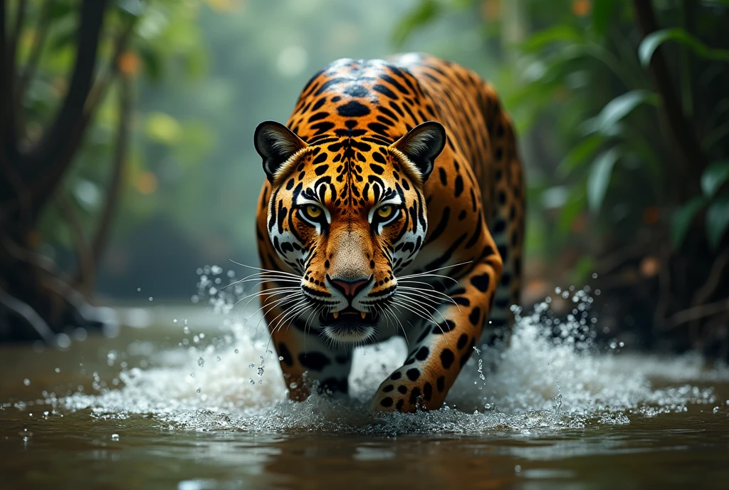 Create a captivating, hyper-realistic, AI-generated artwork of a jaguar walking stealthily towards the camera in a river within the Amazon rainforest. The jaguar should be depicted with its head lowered and eyes fixed intently on the camera, showcasing its rosette-patterned coat and powerful, muscular form. Capture the detailed texture of the jaguar’s fur, highlighting its wet and glistening appearance as it moves through the water.
The scene should feature the jaguar partially submerged in the river, with ripples and splashes around its legs and body. The background should reflect the lush, dense Amazon rainforest, with tall, overhanging vegetation and the murky, natural colors of the river. Include elements such as the surrounding greenery and the play of light filtering through the dense canopy above.
Use rich, natural tones to depict the jaguar and its environment, emphasizing the contrast between the jaguar’s coat and the water. The lighting should be soft and dramatic, highlighting the jaguar’s intense gaze and the movement of the water.
The style should be hyper-realistic yet artistic, focusing on the jaguar’s intense presence and the natural beauty of the Amazon. The final artwork should be high-resolution and visually striking, capturing the raw power and stealth of the jaguar in its wild, natural setting.