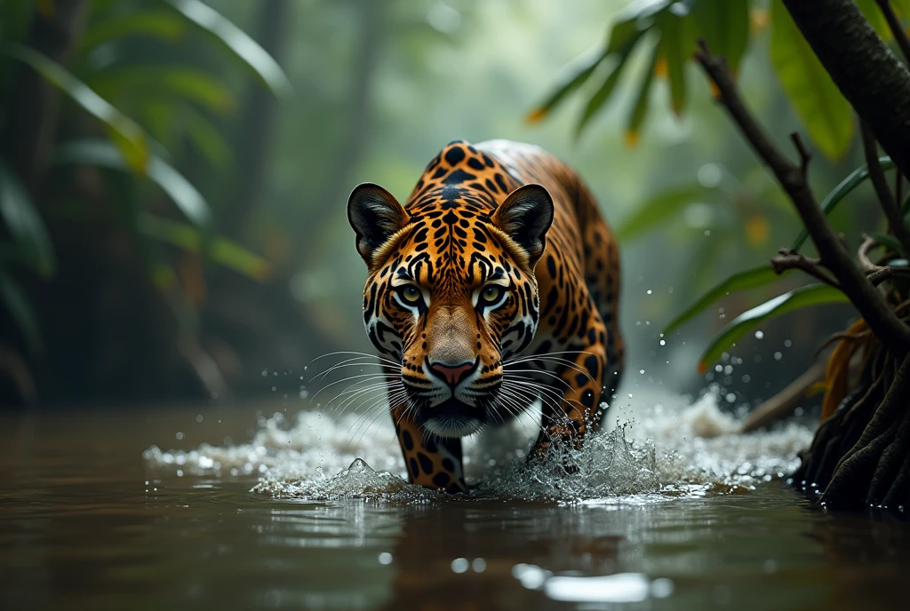 Create a captivating, hyper-realistic, AI-generated artwork of a jaguar walking stealthily towards the camera in a river within the Amazon rainforest. The jaguar should be depicted with its head lowered and eyes fixed intently on the camera, showcasing its rosette-patterned coat and powerful, muscular form. Capture the detailed texture of the jaguar’s fur, highlighting its wet and glistening appearance as it moves through the water.
The scene should feature the jaguar partially submerged in the river, with ripples and splashes around its legs and body. The background should reflect the lush, dense Amazon rainforest, with tall, overhanging vegetation and the murky, natural colors of the river. Include elements such as the surrounding greenery and the play of light filtering through the dense canopy above.
Use rich, natural tones to depict the jaguar and its environment, emphasizing the contrast between the jaguar’s coat and the water. The lighting should be soft and dramatic, highlighting the jaguar’s intense gaze and the movement of the water.
The style should be hyper-realistic yet artistic, focusing on the jaguar’s intense presence and the natural beauty of the Amazon. The final artwork should be high-resolution and visually striking, capturing the raw power and stealth of the jaguar in its wild, natural setting.