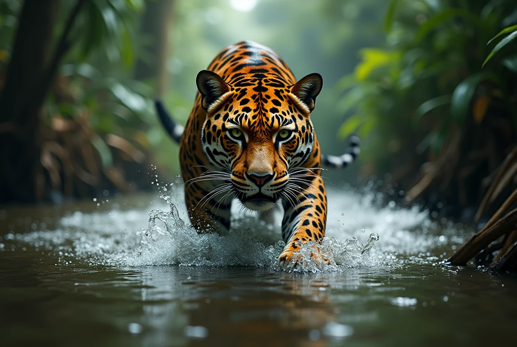 Create a captivating, hyper-realistic, AI-generated artwork of a jaguar walking stealthily towards the camera in a river within the Amazon rainforest. The jaguar should be depicted with its head lowered and eyes fixed intently on the camera, showcasing its rosette-patterned coat and powerful, muscular form. Capture the detailed texture of the jaguar’s fur, highlighting its wet and glistening appearance as it moves through the water.

The scene should feature the jaguar partially submerged in the river, with ripples and splashes around its legs and body. The background should reflect the lush, dense Amazon rainforest, with tall, overhanging vegetation and the murky, natural colors of the river. Include elements such as the surrounding greenery and the play of light filtering through the dense canopy above.

Use rich, natural tones to depict the jaguar and its environment, emphasizing the contrast between the jaguar’s coat and the water. The lighting should be soft and dramatic, highlighting the jaguar’s intense gaze and the movement of the water.

The style should be hyper-realistic yet artistic, focusing on the jaguar’s intense presence and the natural beauty of the Amazon. The final artwork should be high-resolution and visually striking, capturing the raw power and stealth of the jaguar in its wild, natural setting.

