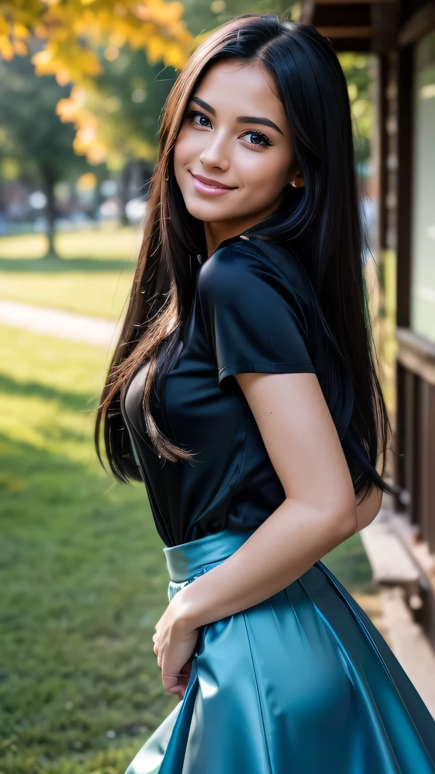 Realistic full body photo of a smiling, Young black-haired girl with long hair, She dances in front of the camera in a long, redden, tight blouse and tight jeans.., Park,glamour fotoshooting, Park, perfect anatomy, perfect brown eyes. Perfect hands with 5 fingers on each hand, Matching girl, look into the camera, 1 Frau. (Eye make up:1.1), (highly detailed skin:1.1), spirit, analog style, keen focus, 8K UHD, dslr, good quality, Fujifilm XT3, Grain, Award-winning, masterpiece. Park