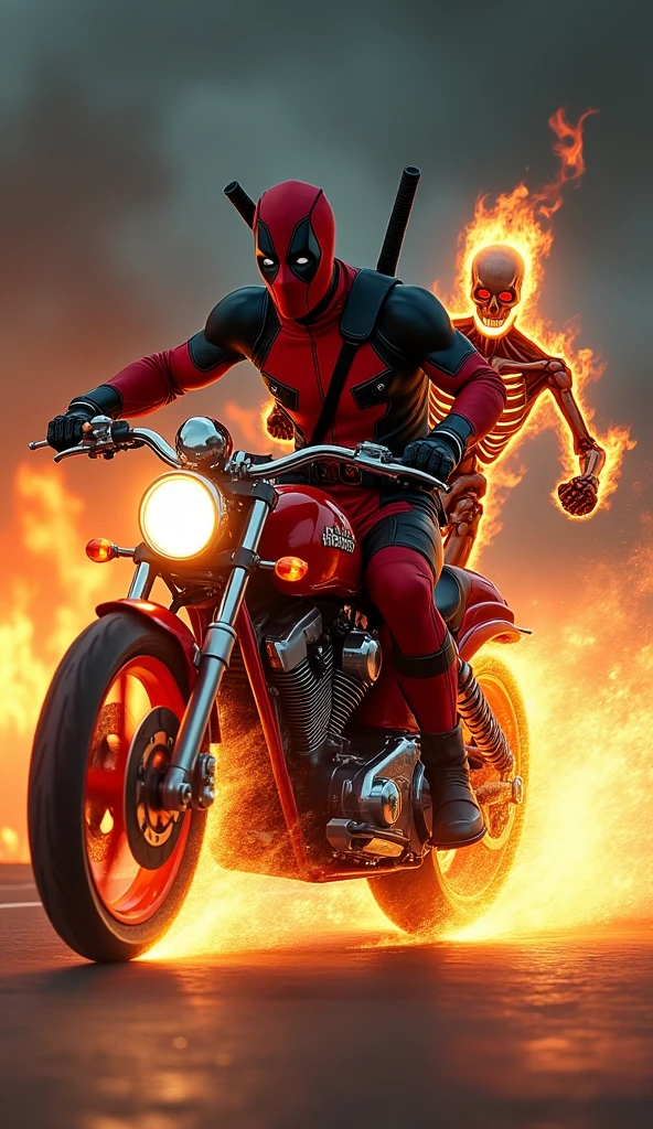 Deadpool, with his red and black suit and a manic grin, clings to the back of Ghost Rider’s roaring motorcycle. Flames dance around the bike’s wheels and engulf Ghost Rider’s skeletal head, casting an eerie, flickering light. Deadpool's expression is a chaotic mix of exhilaration and mischief, eyes wide as he clutches the sides of the bike, his mask flapping in the wind. Ghost Rider’s blazing chains whip through the night air, his ghostly glow contrasting sharply with Deadpool’s vibrant suit. The scene is a blend of raw energy and dark mysticism, capturing a moment where Deadpool’s wild spirit meets Ghost Rider’s infernal fury, creating an intense, emotionally charged tableau of fiery chaos and unlikely camaraderie.