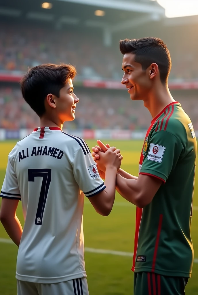 A smart boy shaking his hand with  Cristiano Ronaldo and behind of that smart boy’s jersey named as ALI AHAMED and number 7