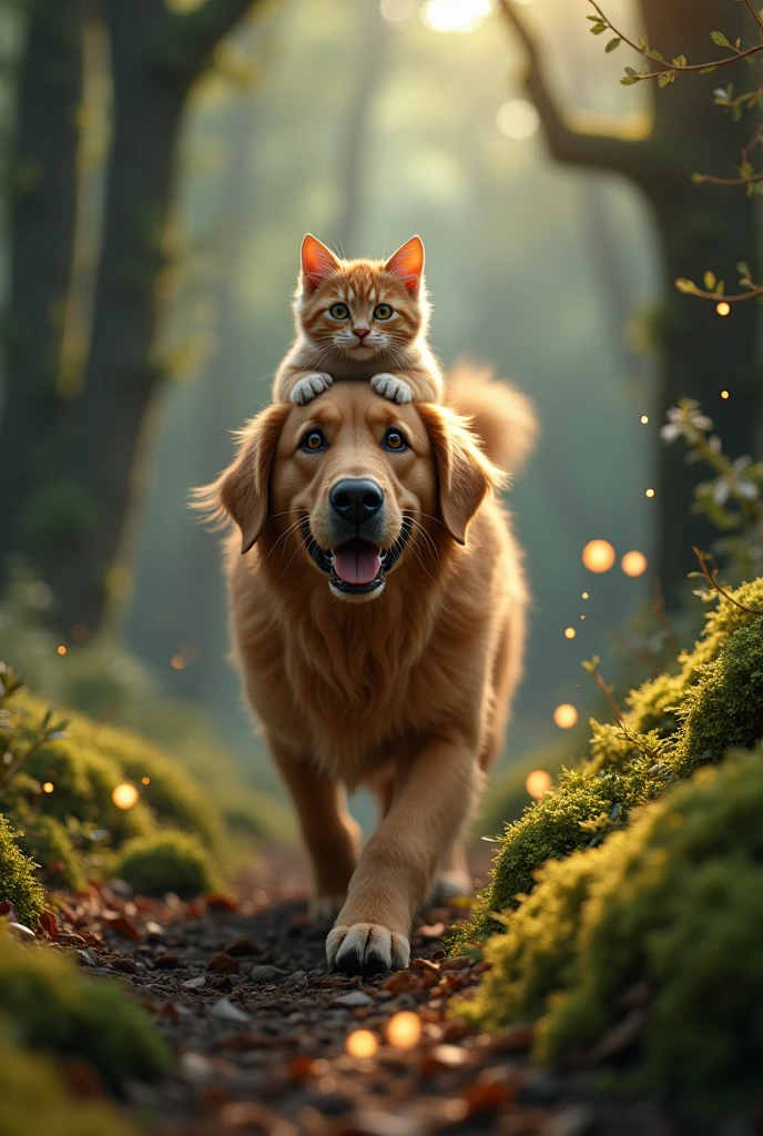 "4K ultra-realistic cinematic scene of a golden retriever dog and a tabby cat adventuring in a mystical forest at dusk, the dog joyfully running with the cat riding on its back, fireflies glowing softly around them, moss-covered trees and fallen leaves creating a serene and magical atmosphere, shallow depth of field, volumetric lighting, highly detailed fur, expressive eyes, epic mood, Unreal Engine 5 render, ultra-high resolution"