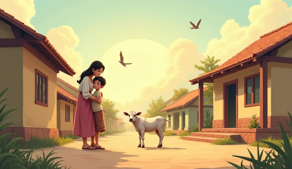 एक गांव के घर का आंगन हो 
जूम पिक एक मां और उसका लाडला बेटा हो दोनो प्यार कर रहे हो । और साथ में खेल रहे हो ।
और आस पास कुछ घर और लोग रहते हो ।
एक गाय हो और घास खा रही हो
आकाश में चिड़िया उड़ रही हो ।
