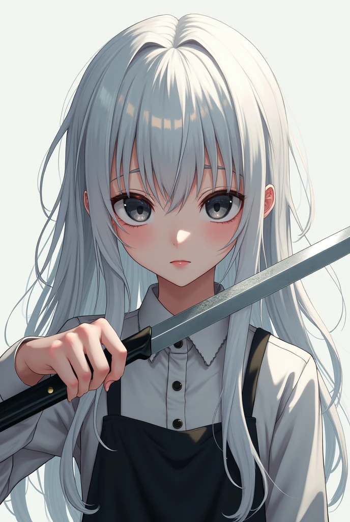 A white-haired, dark-eyed anime girl is holding a cooking knife.