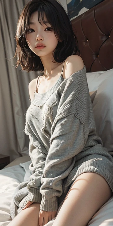 Lie face down on the bed、It&#39;s cute to see you, 2, Realistic, she is wearing shorts, She is wearing floral pajamas, short hair.Shoulder Bare、Chest visible from the front