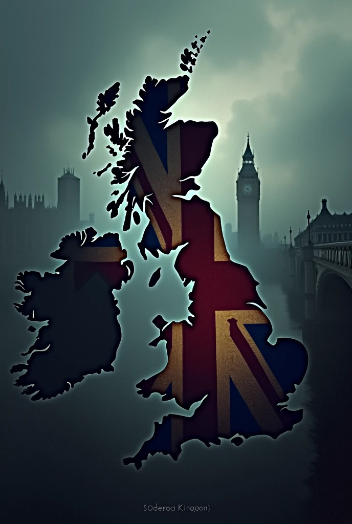 I want a dark themed picture with a london city and big british map having british flag inside it