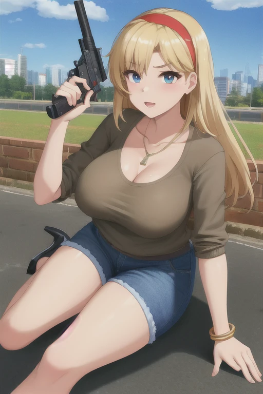 Highest quality、Ultra HD、One Woman、(blonde long hair 1.3)、(1 open-necked black shirt.3)、(Jeans 1.3)、(Black headband)、(Black Heels 1.1)、((Shoot a gun 1.2))、(Silver necklace)、(Large Breasts)、(Beautiful face with sharp eyes 1.2)、(tall)、Red bracelet on left wrist、40-year-old woman、Slender body、(Daytime city background 1.2)、((Clear and beautiful touch))