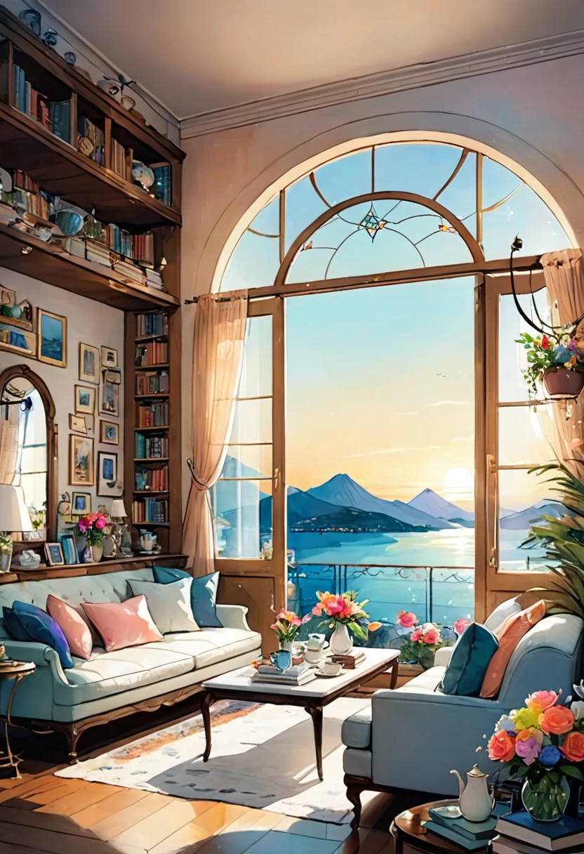 ((1girl)), beautiful woman, long hair, brown hair, drink coffee, ((full body)), A masterpiece, an exquisite view from a large window, shelves with books, watercolor paintings, paintings on the walls, a fireplace, chic furniture, gold elements, figurines, pots look at window, cups, plates, crystal, a chest of drawers, a sideboard with a variety of books, dishes, a dreamcatcher, a neon garland, a multi-colored garland, highlights, an exquisite interior, a view from the window, a bridge, the sea, mountains, sunset, a city, neon light, night, a bed, a sofa, pillows, sconces, flowers, daylight, bright room, illuminated room, lots of light, flower pots,