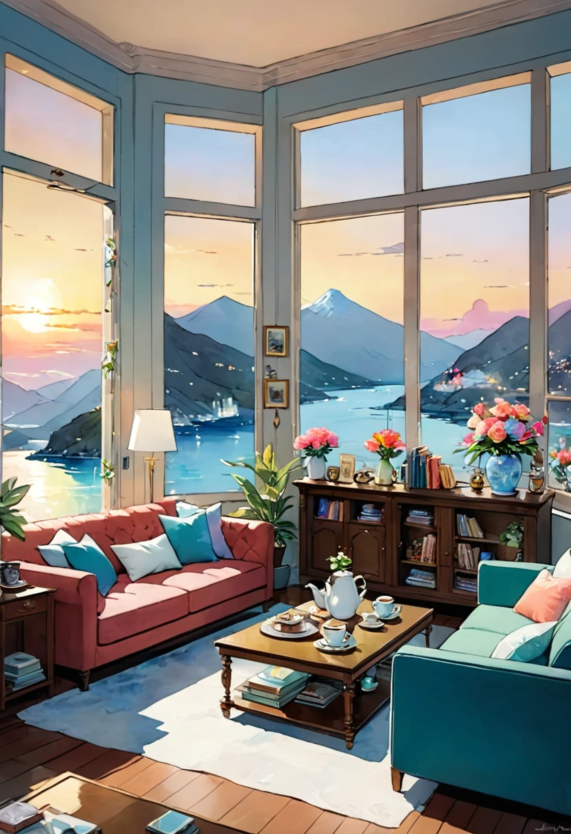 ((1girl)), beautiful woman, long hair, brown hair, drink coffee, ((full body)), A masterpiece, an exquisite view from a large window, shelves with books, watercolor paintings, paintings on the walls, a fireplace, chic furniture, gold elements, figurines, pots look at window, cups, plates, crystal, a chest of drawers, a sideboard with a variety of books, dishes, a dreamcatcher, a neon garland, a multi-colored garland, highlights, an exquisite interior, a view from the window, a bridge, the sea, mountains, sunset, a city, neon light, night, a bed, a sofa, pillows, sconces, flowers, daylight, bright room, illuminated room, lots of light, flower pots,