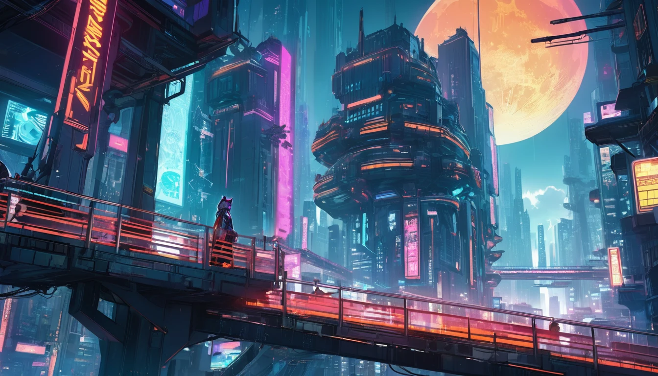 Future City,A cat girl wearing a cheongsam stands on a platform,There is a huge moon ahead, In a future cyberpunk city, In the cyberpunk city, Cyberpunk art style, Digital Cyberpunk Anime Art, Future cyberpunk scene, Cyberpunk atmosphere, Beautiful cyberpunk city, cyberpunk blade runner art, Cyberpunk Dream, Cyberpunk Cityscape, In the cyberpunk city里, Arstation and beeple height