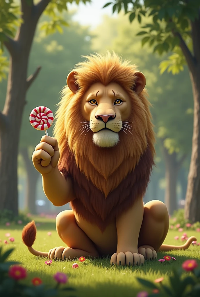 lion sitting in a park with lollipop in his hand realistic