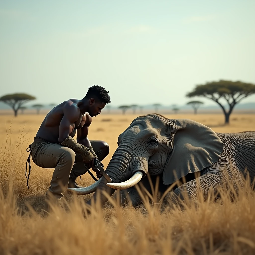 An elephant is on the ground sleeping while a black-skinned poacher removes its tusks or ivory with a saw in the African savannah in the African savannah 4k ultra realistic