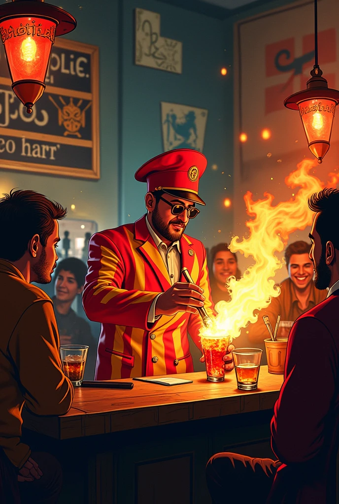 A bar where a Catalan waiter wearing a red Phrygian cap and a senyera serves customers burning Molotov cocktails