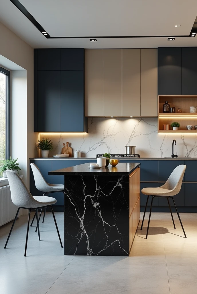 Professional 3d architecture rendering design of modern kitchen with   So dark blue vintage and dark beige  and dark gray  cabinets and  modern  so light  gray design chairs  shiny  black   marble island island and modern windows and complete showing kitchen and showing complete kitchen and modern windows and showing complete kitchen 