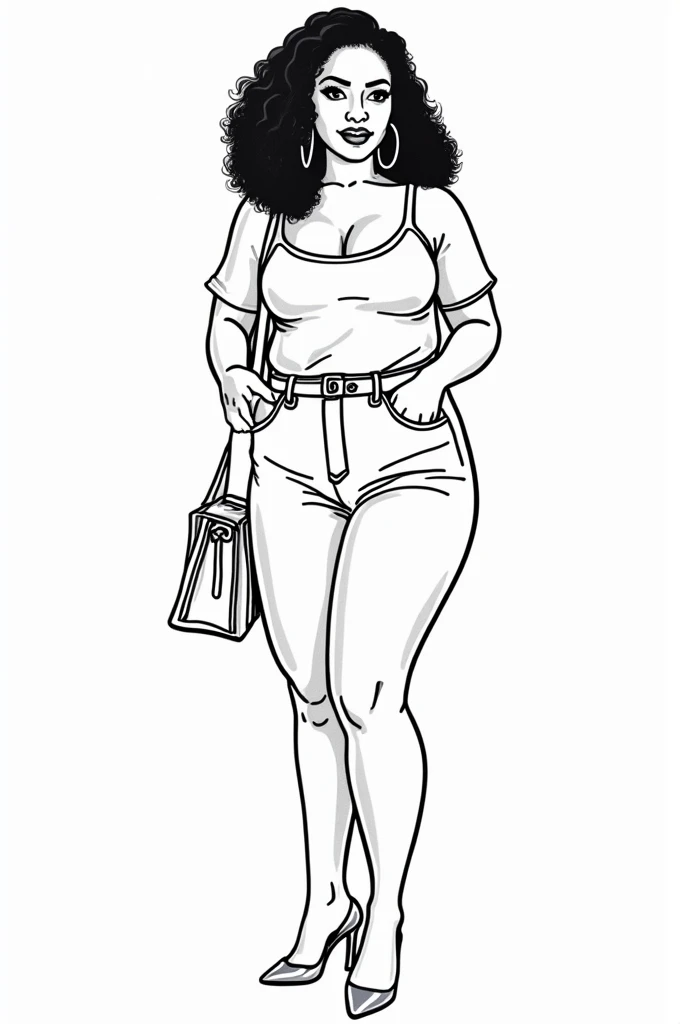 Black Women Beauties Portrait Coloring Pages for adults, Full body, Hot fashion and different style dress, Fat Black Woman Grayscale Coloring Book, White Background, no shadow on image, outline body, best quality, masterpiece, detailed, perfect face