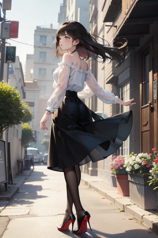 Top Quality, 1girl, full body, from behind,(Hollow skin), (day), bright, blur background, outdoors, (Street:0.6), (hair:1.5), black hair, (Blouse:1.5), green maxi skirt with tights, louboutin high heels ,superb, (Hair flotation:1.5), soft light, wind, garden, Street