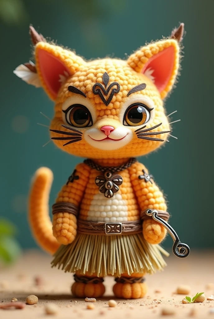 amigurumi, chibi-style, a humanoid cat, with sandy beige fur, dressed in a tiny version of Maui’s outfit. The cat has a muscular build with large, round eyes and a mischievous grin. It wears a miniature grass skirt and has detailed, stitched-on tattoos across its body, resembling Maui's iconic tribal designs. The cat’s ears are adorned with tiny, decorative feathers, and it carries a small amigurumi fishhook in one paw. The cat’s tail is wrapped with a small strip of fabric matching the traditional Polynesian style, and it stands proudly, exuding a playful and powerful vibe