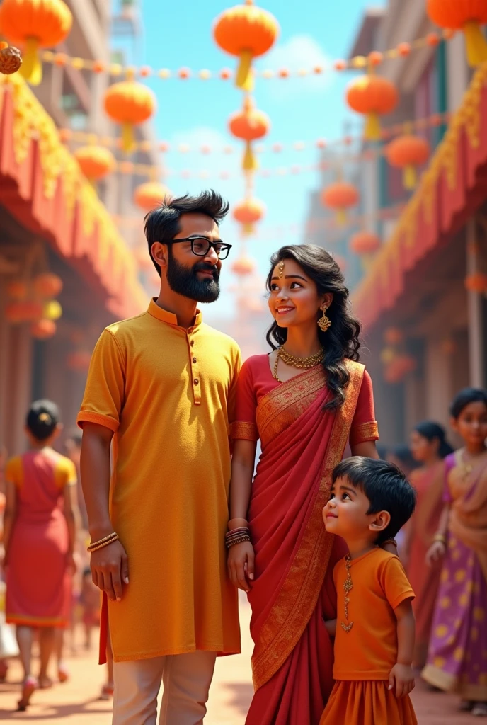 Bengali father wearing Panjabi kurta & spects on his eyes with his beautiful Bengali wife wearing saree, with their children at Durga puja festival enjoying  3d modelling