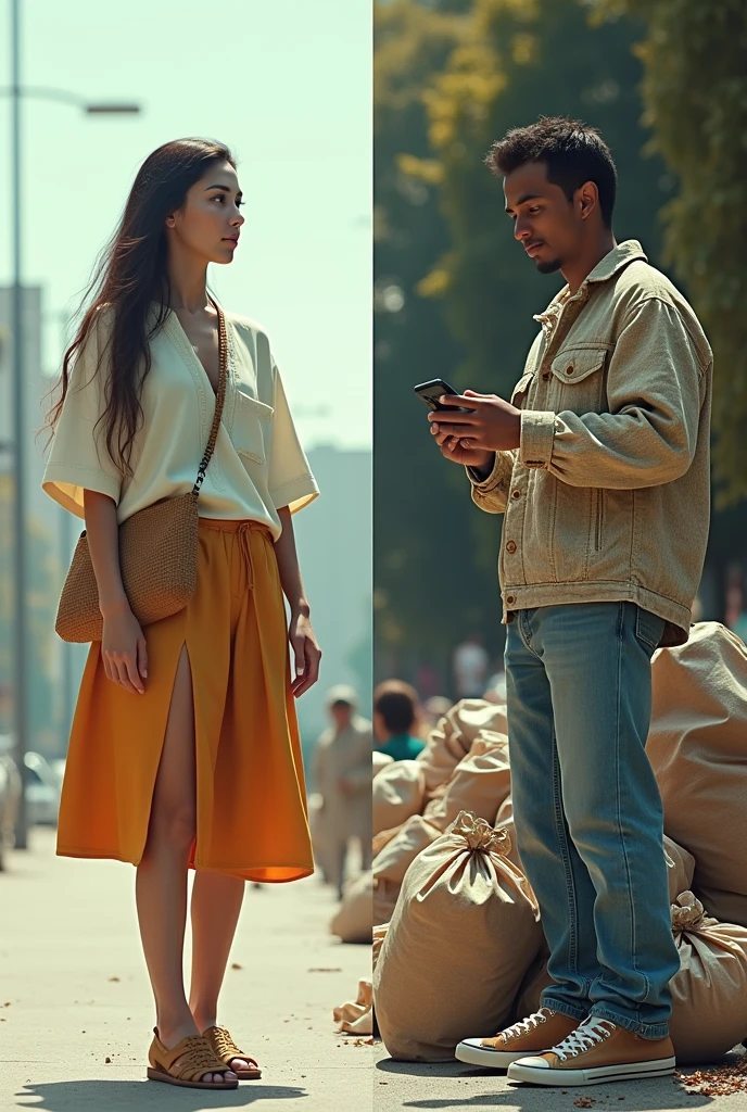 On one side sustainable consumption and on the other a critique of absolence, a sustainable person and another in excessive consumption with smartphone and luxury brand clothes

