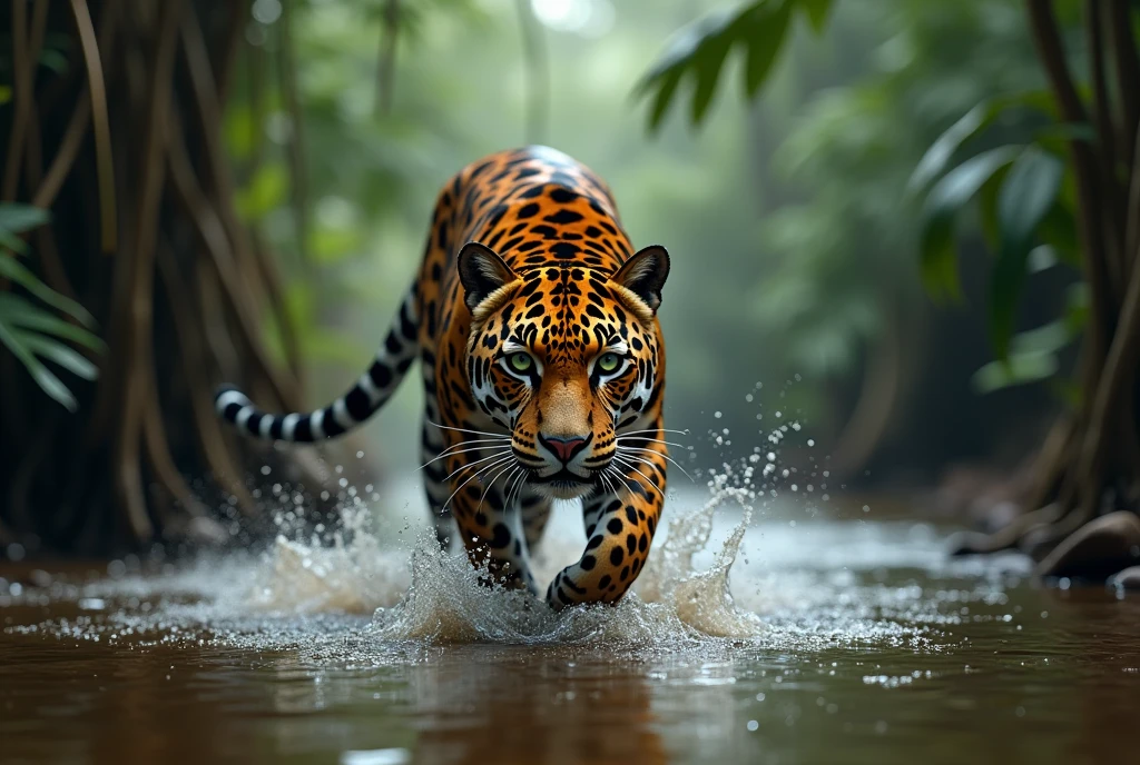 Create a captivating, hyper-realistic, AI-generated artwork of a jaguar walking stealthily towards the camera in a river within the Amazon rainforest. The jaguar should be depicted with its head lowered and eyes fixed intently on the camera, showcasing its rosette-patterned coat and powerful, muscular form. Capture the detailed texture of the jaguar’s fur, highlighting its wet and glistening appearance as it moves through the water. The scene should feature the jaguar partially submerged in the river, with ripples and splashes around its legs and body. The background should reflect the lush, dense Amazon rainforest, with tall, overhanging vegetation and the murky, natural colors of the river. Include elements such as the surrounding greenery and the play of light filtering through the dense canopy above. Use rich, natural tones to depict the jaguar and its environment, emphasizing the contrast between the jaguar’s coat and the water. The lighting should be soft and dramatic, highlighting the jaguar’s intense gaze and the movement of the water. The style should be hyper-realistic yet artistic, focusing on the jaguar’s intense presence and the natural beauty of the Amazon. The final artwork should be high-resolution and visually striking, capturing the raw power and stealth of the jaguar in its wild, natural setting.