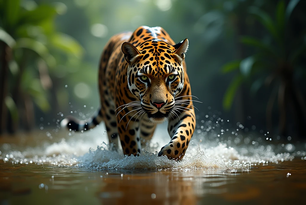 Create a captivating, hyper-realistic, AI-generated artwork of a jaguar walking stealthily towards the camera in a river within the Amazon rainforest. The jaguar should be depicted with its head lowered and eyes fixed intently on the camera, showcasing its rosette-patterned coat and powerful, muscular form. Capture the detailed texture of the jaguar’s fur, highlighting its wet and glistening appearance as it moves through the water. The scene should feature the jaguar partially submerged in the river, with ripples and splashes around its legs and body. The background should reflect the lush, dense Amazon rainforest, with tall, overhanging vegetation and the murky, natural colors of the river. Include elements such as the surrounding greenery and the play of light filtering through the dense canopy above. Use rich, natural tones to depict the jaguar and its environment, emphasizing the contrast between the jaguar’s coat and the water. The lighting should be soft and dramatic, highlighting the jaguar’s intense gaze and the movement of the water. The style should be hyper-realistic yet artistic, focusing on the jaguar’s intense presence and the natural beauty of the Amazon. The final artwork should be high-resolution and visually striking, capturing the raw power and stealth of the jaguar in its wild, natural setting.