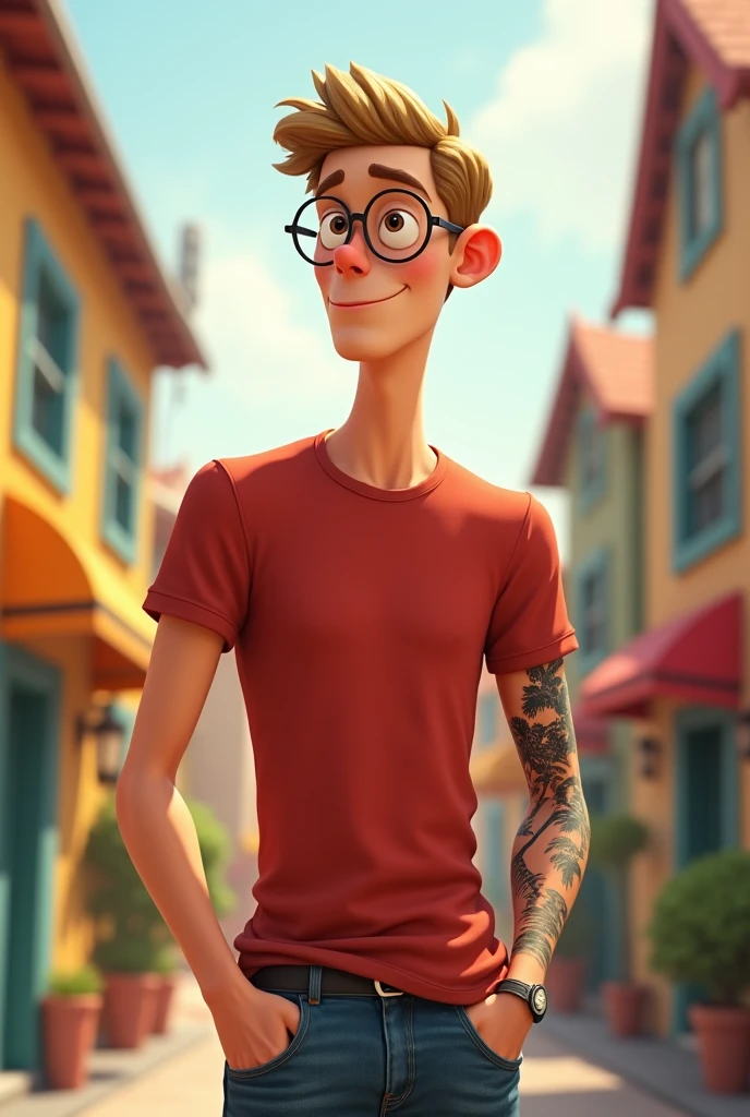 a Pixar-style drawing of a man, tall and slim, offwhite, very short hair, blonde in a darker tone, eyes browns, glad, with round glasses. hands in pockets, wearing jeans and a red T-shirt. A tattoo of a black tree on the left arm, that starts at the shoulder and ends above the elbow