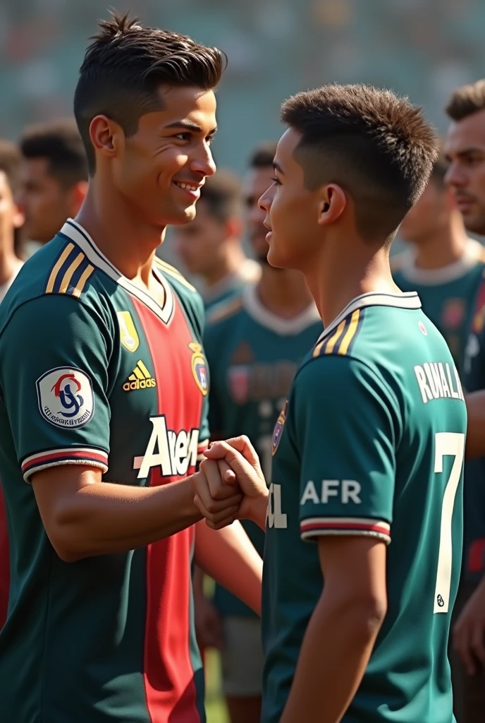 A smart boy shaking his hand with Cristiano Ronaldo and behind of that smart boy’s jersey named as AFRI and number 7