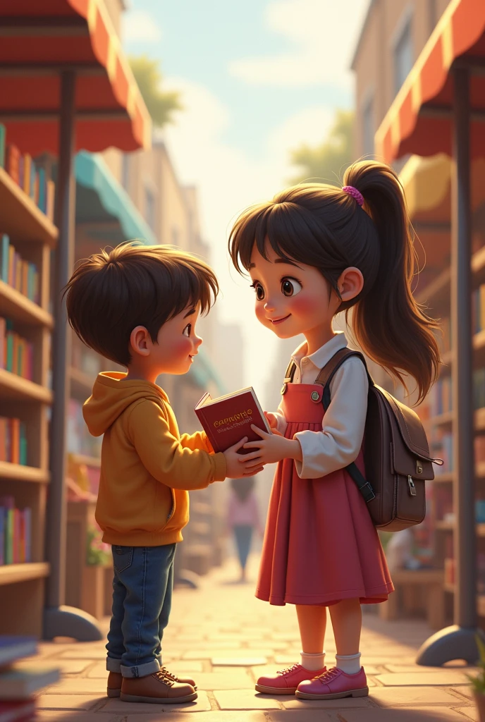 A girl donating some books to a poor child . The chil is is stinng and taking the books in bookfair