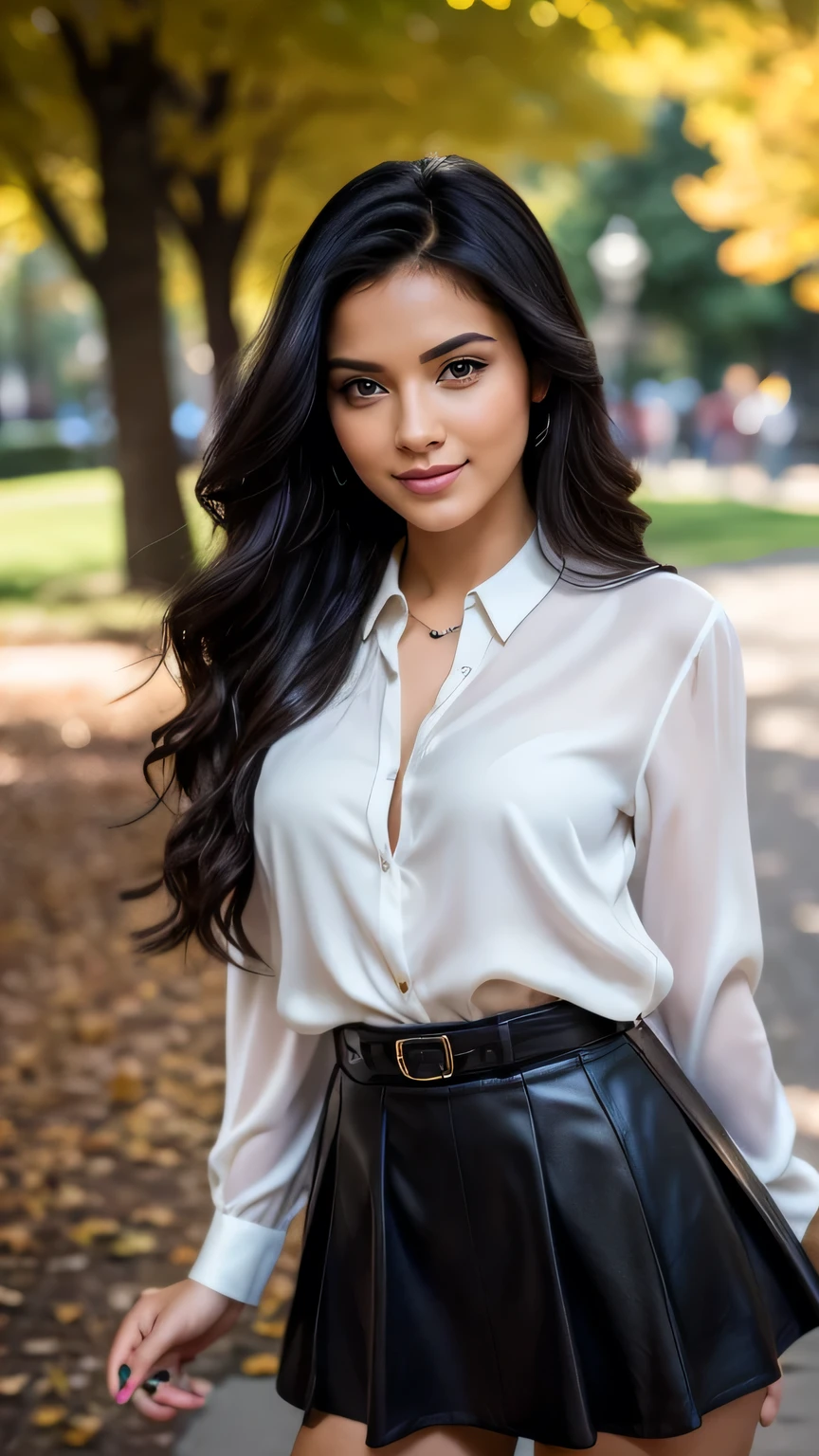 Realistic full body photo of a smiling, Young black-haired woman with long hair, She dances in front of the camera in a silk blouse with a red skirt..., Park,glamour fotoshooting, Park, perfect anatomy, perfect brown eyes. Perfect hands with 5 fingers on each hand, Matching girl, look into the camera, 1 Frau. (Eye make up:1.1), (highly detailed skin:1.1), spirit, analog style, keen focus, 8K UHD, dslr, good quality, Fujifilm XT3, Grain, Award-winning, masterpiece. Park