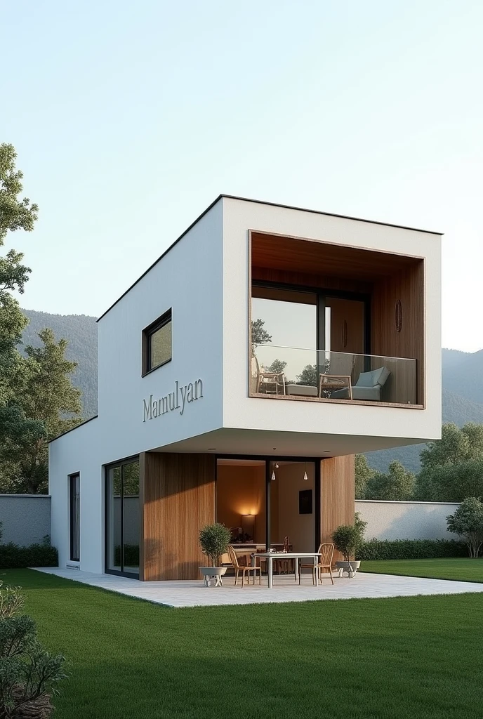 1.5 floor house in Armenian village, with minimalistic design, add a family name "Mamulyan" in the wall of the house