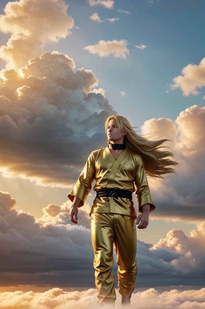 A full gold Naruto stands tall in the clouds, his body gleaming under the sunlight. The clouds are soft and fluffy, surrounding him in a peaceful atmosphere. His golden hair flows gently with the wind, and his eyes shine with determination. The image is in ultra HD, capturing the intricate details of the gold and the soft texture of the clouds."