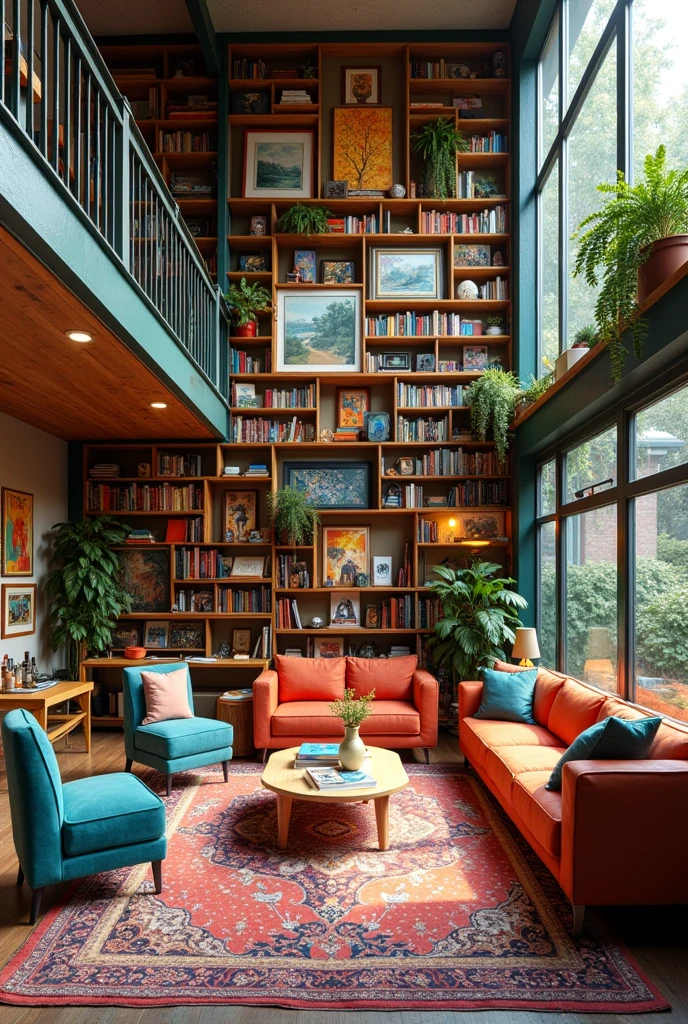 An artist's home with an open layout and high ceilings.Large windows provide abundant natural light and versatile studio space.It features wall-to-wall bookshelves and artwork displays, and is colorfully and diversely furnished and decorated.Recycled materials and antique furniture are used, and there is a garden and terrace for inspiration.Unique lighting and artistic lamps illuminate the space, and handmade accents and DIY projects can be found.Quiet reading corners, a mix of materials and textures, and creative storage spaces are arranged to provide quick access to art tools and materials.The transformative furniture arrangement and unique color palette bring harmony to the entire house.