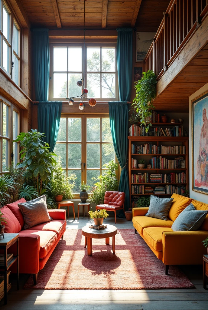 An artist's home with an open layout and high ceilings.Large windows provide abundant natural light and versatile studio space.It features wall-to-wall bookshelves and artwork displays, and is colorfully and diversely furnished and decorated.Recycled materials and antique furniture are used, and there is a garden and terrace for inspiration.Unique lighting and artistic lamps illuminate the space, and handmade accents and DIY projects can be found.Quiet reading corners, a mix of materials and textures, and creative storage spaces are arranged to provide quick access to art tools and materials.The transformative furniture arrangement and unique color palette bring harmony to the entire house.