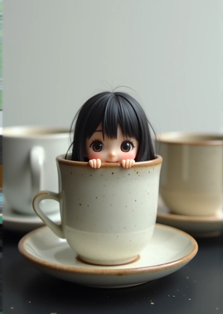 Japanese high school girl peering over the edge of a coffee cup、Height is 10 centimeters、Wearing a high school uniform、Cute girl、smile、Handmade cups and saucers、Macro shot from above、The girl is in focus、Black top table、Background white