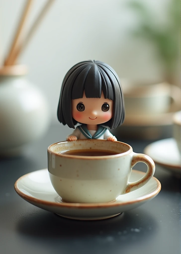 Japanese high school girl peering over the edge of a coffee cup、Height is 10 centimeters、Wearing a high school uniform、Cute girl、smile、Handmade cups and saucers、Macro shot from above、The girl is in focus、Black top table、Background white