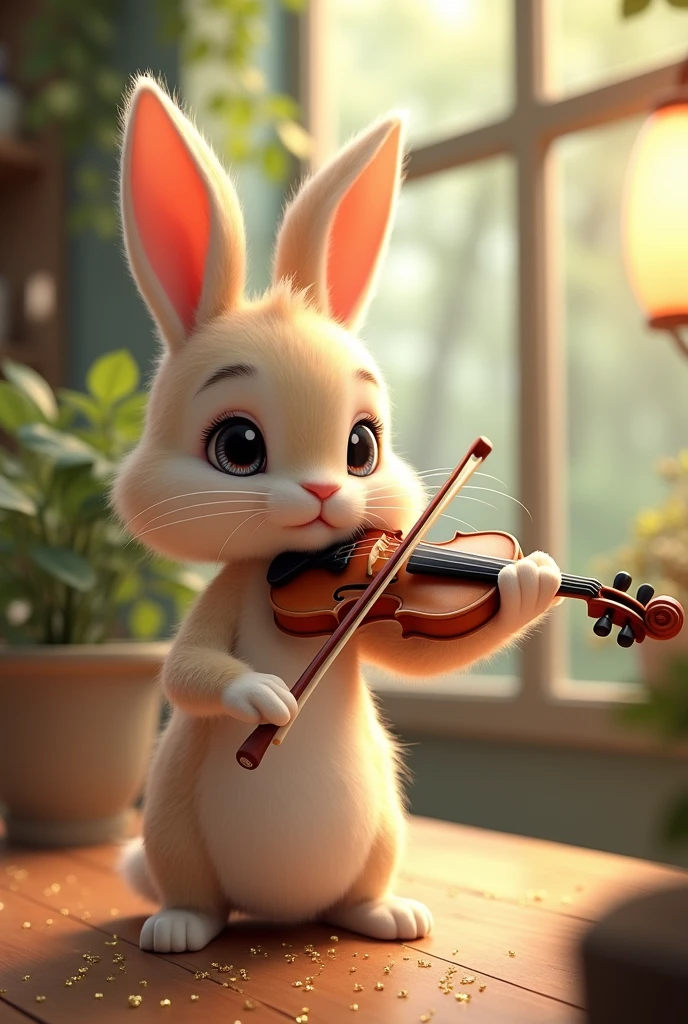 in the forest, Playing the violin, Animal rabbit, Cafe, Street view, ((1  rabbit:1.3)), (((There is no one:1.5))), (((People are not drawn:1.5))),Full HD, 詳細なbaby rabbit, ヴァイオリンを弾くbaby rabbitのイラスト, babybit, baby, Votric Light, Ultra-realistic, Cute Chibi, Shallow depth of field, Pastel Color Palette, Soft lighting, Highly detailed drawing，バイオリンを弾くbaby rabbit,High Contrast,Photon Mapping,Glitter,lame,Sparkling