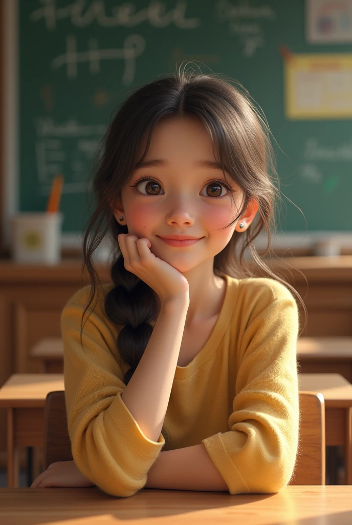 Make girl with cute embrace face. Sit in classroom