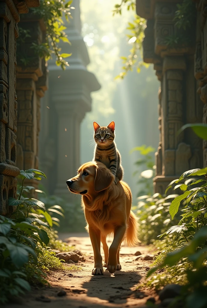 "Ultra-realistic 4K cinematic shot of a golden retriever dog and a tabby cat exploring an ancient, overgrown temple deep in the jungle, the dog cautiously leading the way with the cat perched on its back, sunlight streaming through broken temple walls, vines and ancient carvings visible, atmospheric dust particles in the air, intense focus on the duo's expressive faces, cinematic lighting, Unreal Engine 5 quality, ultra-high resolution"
