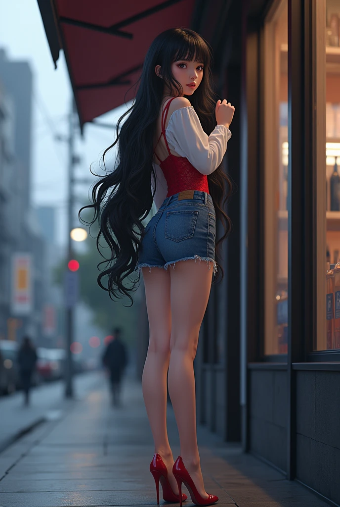 beautiful adult anime woman, fit, very long wavy jet black hair, red t-shirt, black low rise denim skirt, stiletto heels, waiting outside store, cloudy day